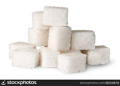 Pile of white sugar cubes isolated on white background