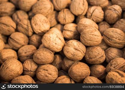 Pile of whole fresh walnuts with hard nutshells