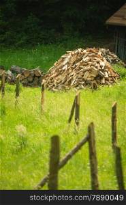 pile of wood behind wooden, rusty metal damaged old fence on a green grass. heating, lumberjack, woodman