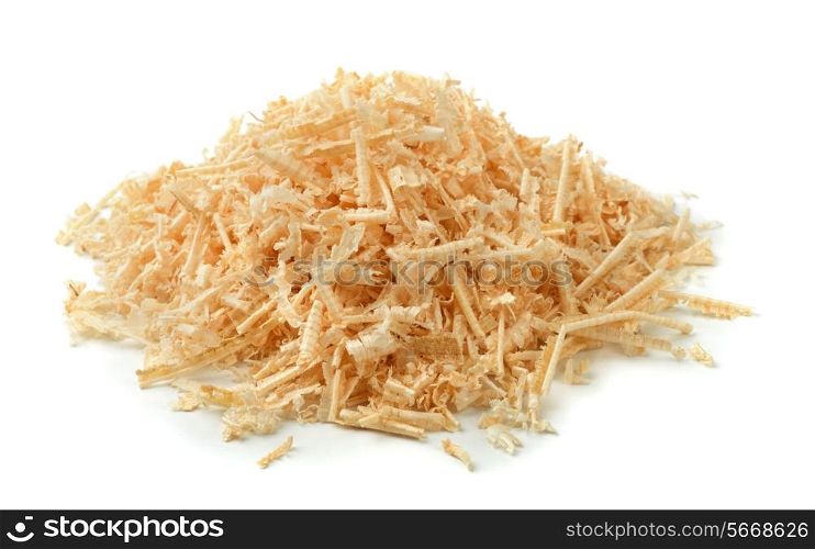 Pile of wooden sawdust and shavings isolated on white