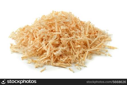 Pile of wooden sawdust and shavings isolated on white