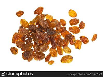 Pile of yellow sultana raisins on white