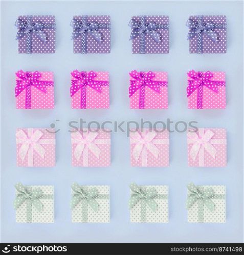 Piles of a small colored gift boxes with ribbons lies on a violet background. Minimalism flat lay top view pattern.. Piles of a small colored gift boxes with ribbons lies on a violet background