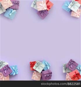 Piles of a small colored gift boxes with ribbons lies on a violet background. Minimalism flat lay top view pattern.. Piles of a small colored gift boxes with ribbons lies on a violet background. Minimalism flat lay top view pattern