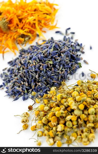 Piles of dried medicinal herbs camomile, lavender, calendula on white background