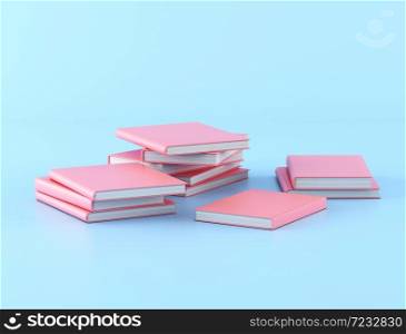 Piles of pink books on blue background, Minimal concept, 3D rendering.