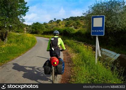 Pilgrim biker in Extremadura at Via de la Plata way of spain