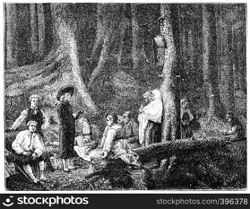 Pilgrims of Saint Odile, after the table of G.Brion, vintage engraved illustration.