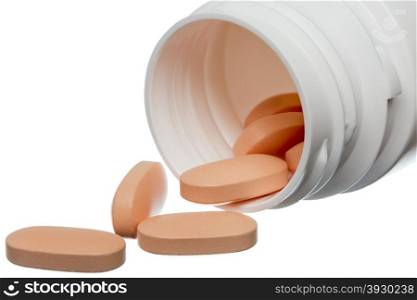 Pill bottle medicine on white background. Pill bottle medicine close up isolated on white background