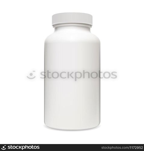 Pill Bottle. Supplement drug 3d plastic package. Container for prescription antibiotic or headache capsule. Realistic vitamin tablet packaging mockup template design without box. Pill Bottle. Supplement drug 3d plastic package