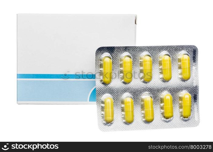 Pill box and pill blister pack yellow capsules. Pill box and pill blister pack yellow capsules on white background