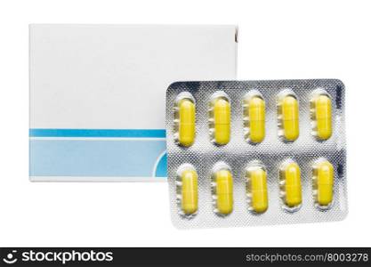 Pill box and pill blister pack yellow capsules. Pill box and pill blister pack yellow capsules on white background