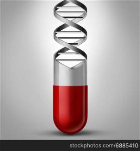 Pill DNA as a gene therapy and genetic medicine concept as a prescription medication shaped as a double helix as a chromosome science symbol and genome biotechnology treatment as a 3D illustration.