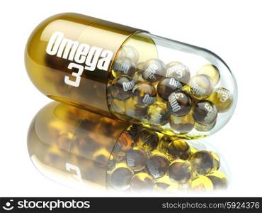 Pill with Omega 3 element. Dietary supplements. Vitamin capsules. 3d