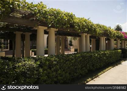 Pillared corridor in a Spanish style building, La Jolla, San Diego, California, USA