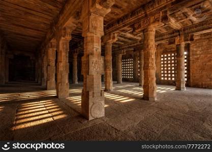 Pillared hall in Airavatesvara Temple, Darasuram, Tamil Nadu, India. One of Great Living Chola Temples - UNESCO World Heritage Site. Pillared hall. Airavatesvara Temple, Darasuram
