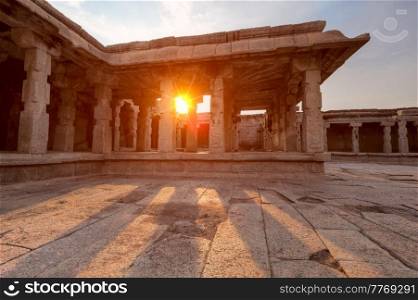 Pillared porch in Krishna Temple on sunset. Hampi, Karnataka, India. Krishna Temple on sunset. Hampi, Karnataka, India