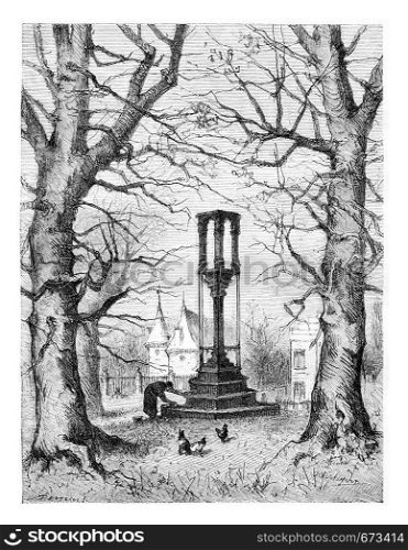 Pillory of Braine-le-Chateau in Wallonia, Belgium, drawing by Verheyden, vintage illustration. Le Tour du Monde, Travel Journal, 1881