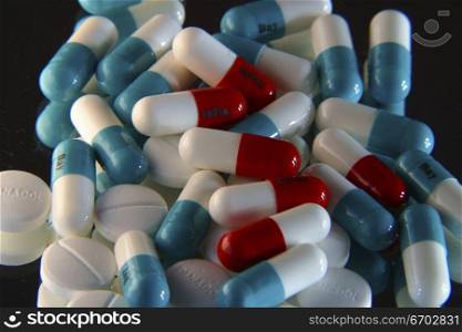 Pills, a colorful selection of pharmaceutical drugs, Legal drugs, packaging, capsules.