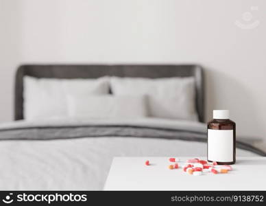 Pills and blank bottle on table at home. Medicines, tablets. Sick to be. Stay in bed. Medical bottle mock up. Illness, disease, health, healthcare concept. Copy space for your text, logo. 3d render. Pills and blank bottle on table at home. Medicines, tablets. Sick to be. Stay in bed. Medical bottle mock up. Illness, disease, health, healthcare concept. Copy space for your text, logo. 3d render.