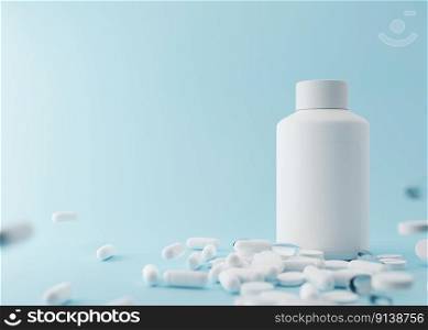 Pills and blank bottle on the light blue background. Medicines, tablets. Medical bottle mock up. Health, healthcare concept. Free, copy space for your text. 3d rendering. Pills and blank bottle on the light blue background. Medicines, tablets. Medical bottle mock up. Health, healthcare concept. Free, copy space for your text. 3d rendering.