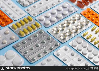 Pills and capsules in blisters asssortment