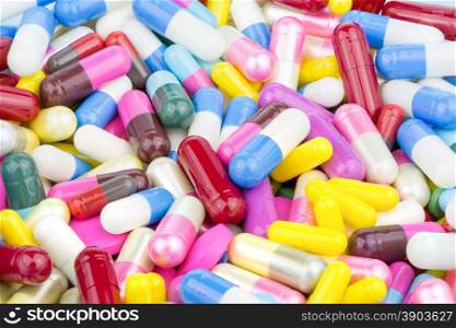 pills and capsules mix stack use for background close-up