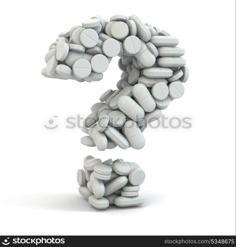 Pills as question on white isolated background. Medical concept. 3d
