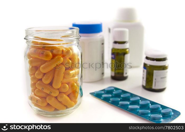 pills assortment on white bakcground