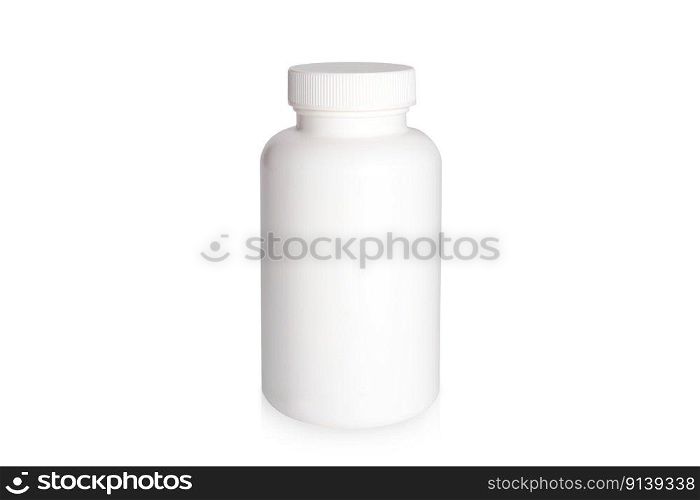 Pills bottle isolated on white background. White medical container for drugs, diet, nutritional supplements. White plastic jar for pills. Packaging mockup template. Pills bottle isolated on white background. White medical container for drugs, diet, nutritional supplements. White plastic jar for pills. Packaging mockup template.