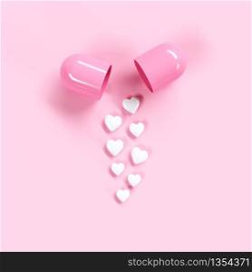 Pills heart concept idea on pink color background. Minimal valentine ideas. 3D Render.
