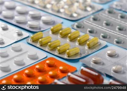 Pills in blisters assortment closeup