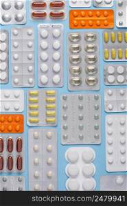 Pills in blisters assortment pattern top view