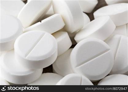 Pills medical round white.Closeup. Pills and tablets medical round white close up