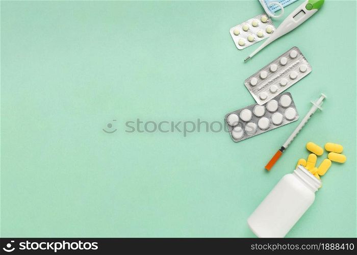 pills medical tools green surface with space text 1 . Resolution and high quality beautiful photo. pills medical tools green surface with space text 1 . High quality and resolution beautiful photo concept