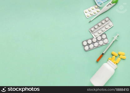 pills medical tools green surface with space text 1 . Resolution and high quality beautiful photo. pills medical tools green surface with space text 1 . High quality and resolution beautiful photo concept