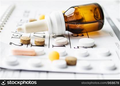 Pills, supplements and medicines for the disease. A pile of various pills and a bottle of therapeutic drops in a bottle on a calendar background. Healthcare. Pills, supplements and medicines for the disease. A pile of various pills and a bottle of therapeutic drops in a bottle on a calendar background.
