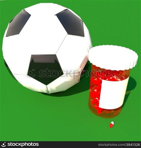 Pills tube near a soccer ball, 3d render, square image