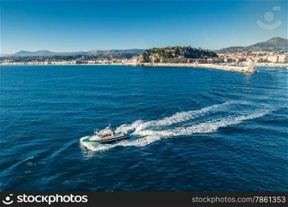 Pilot boat leaving Nice harbour in the south of France