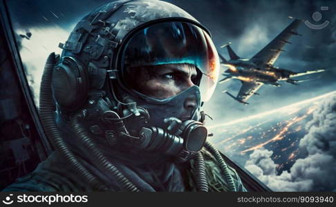 Pilot soldier in helmet in cockpit fighter plane, war. Generative AI. High quality illustration. Pilot soldier in helmet in cockpit fighter plane, war. Generative AI