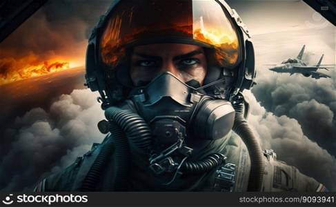 Pilot soldier in helmet in cockpit fighter plane, war. Generative AI. High quality illustration. Pilot soldier in helmet in cockpit fighter plane, war. Generative AI