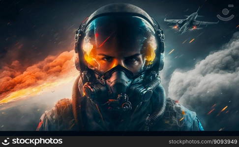 Pilot soldier in helmet in cockpit fighter plane, war. Generative AI. High quality illustration. Pilot soldier in helmet in cockpit fighter plane, war. Generative AI