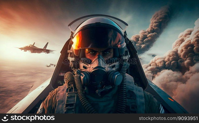 Pilot soldier in helmet in cockpit fighter plane, war. Generative AI. High quality illustration. Pilot soldier in helmet in cockpit fighter plane, war. Generative AI