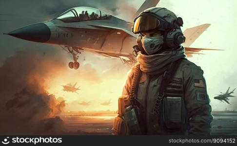 Pilot soldier in helmet with the fighter plane on the background. Generative AI. High quality illustration. Pilot soldier in helmet with the fighter plane on the background. Generative AI