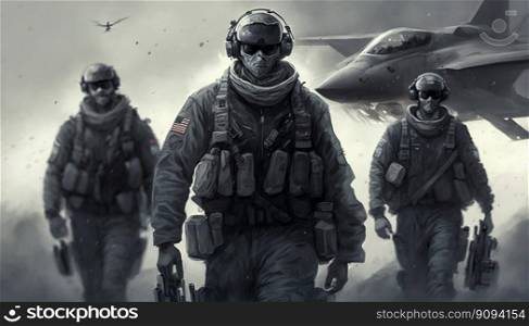 Pilot soldier in helmet with the fighter plane on the background. Generative AI. High quality illustration. Pilot soldier in helmet with the fighter plane on the background. Generative AI