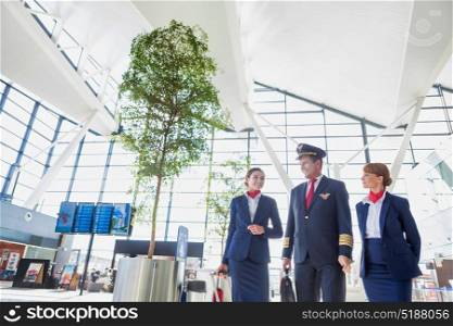 Pilot with flight attendants walking in the airport