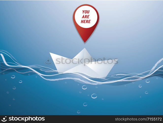 pin location icon on paper boat vector, the concept of travel