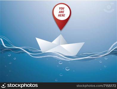 pin location icon on paper boat vector, the concept of travel