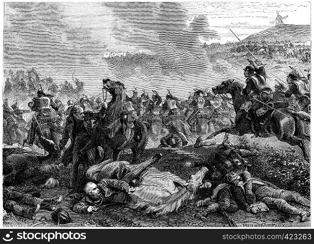Pin the Battle of Ligny, Blucher overthrown by the charge of cuirassiers, vintage engraved illustration. History of France ? 1885.