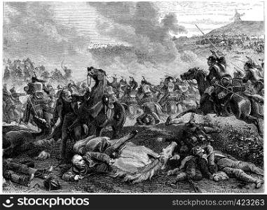 Pin the Battle of Ligny, Blucher overthrown by the charge of cuirassiers, vintage engraved illustration. History of France ? 1885.